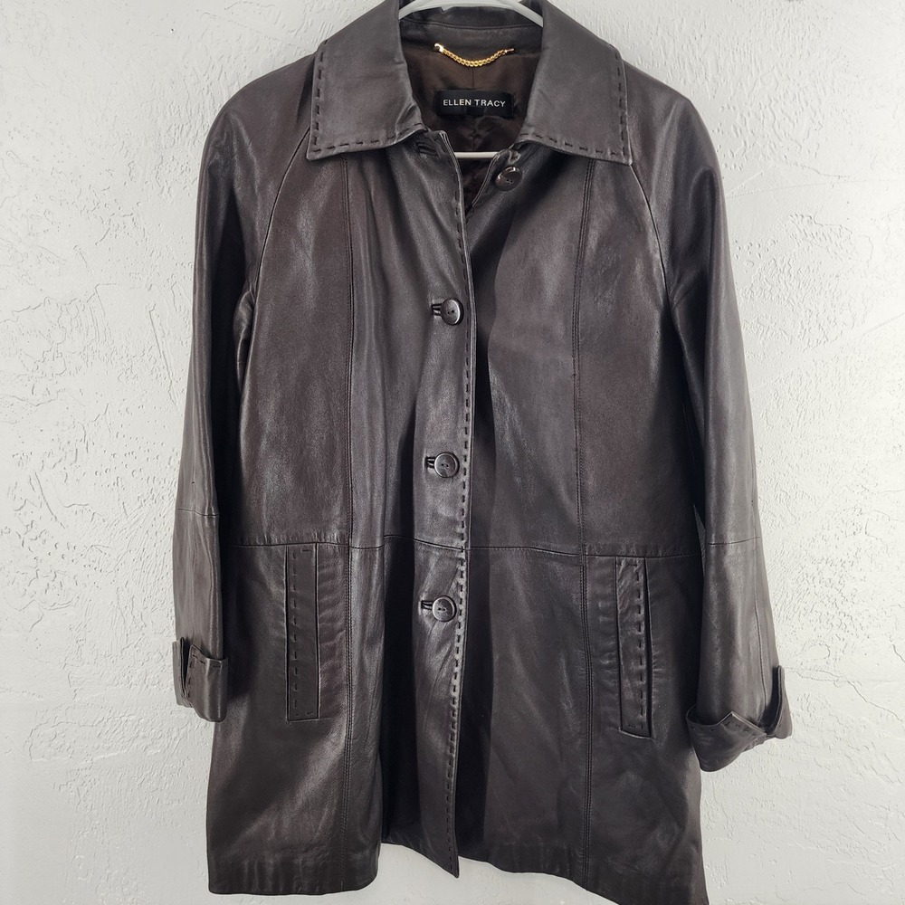 Ellen Tracy Brown Genuine Leather Whipstitch Car Coat Jacket Womens Small